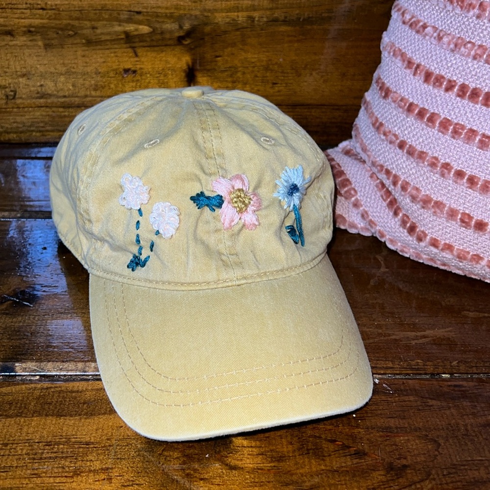 Hand‎ Embroidered Floral Mustard Yellow Ball Cap- OS